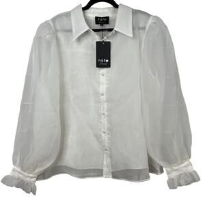 NWT Fate Curve Puff Sleeve White Button Down Blouse Ruffle Long Sleeve Shirt